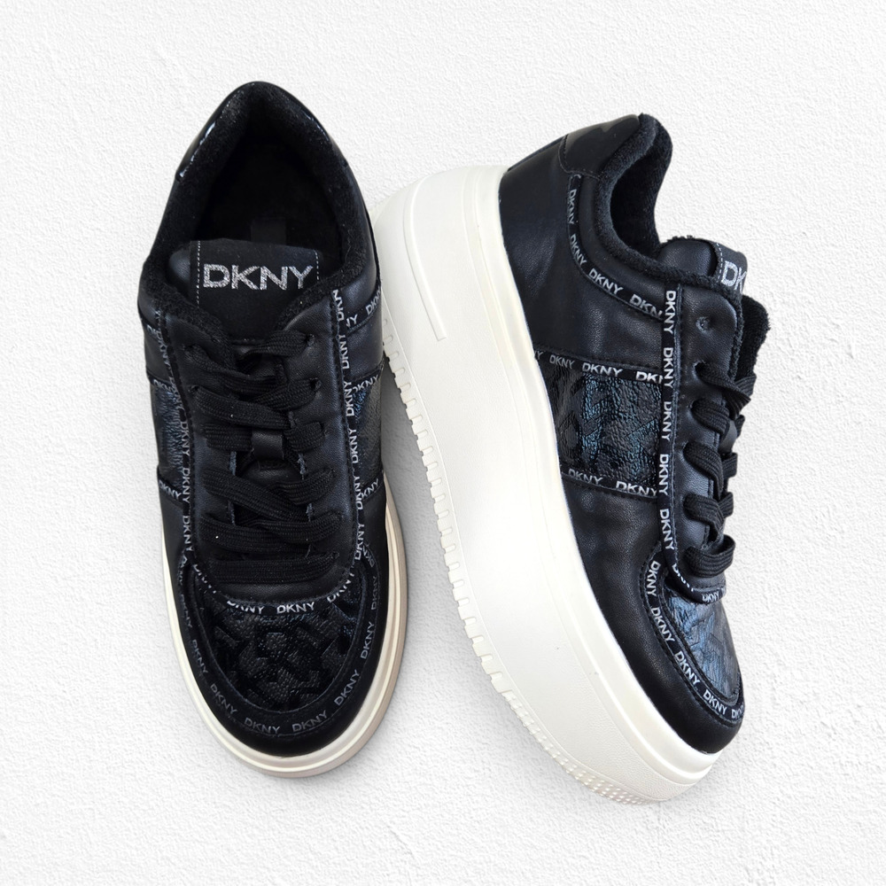 DKNY Maia Black Leather Lace Up Logo Platform Sneakers Size 5M NWOB K2150549